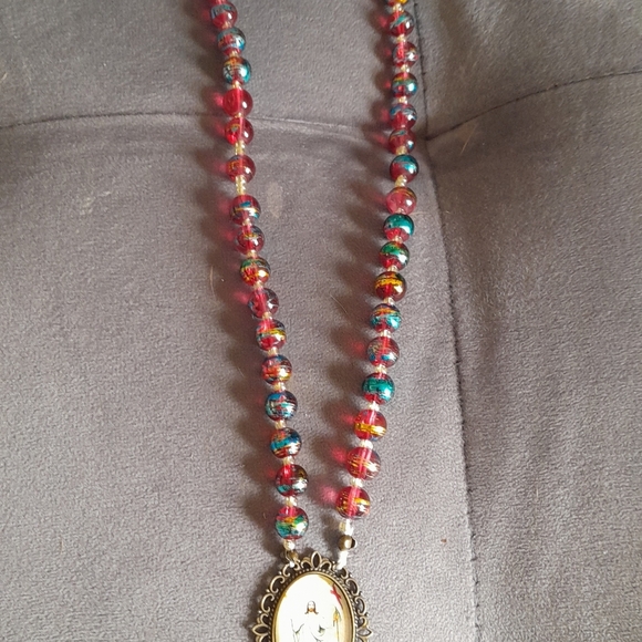 Elegant Red and Blue Glass Beads Jesus Bronze All Beaded Rosary - Picture 6 of 7